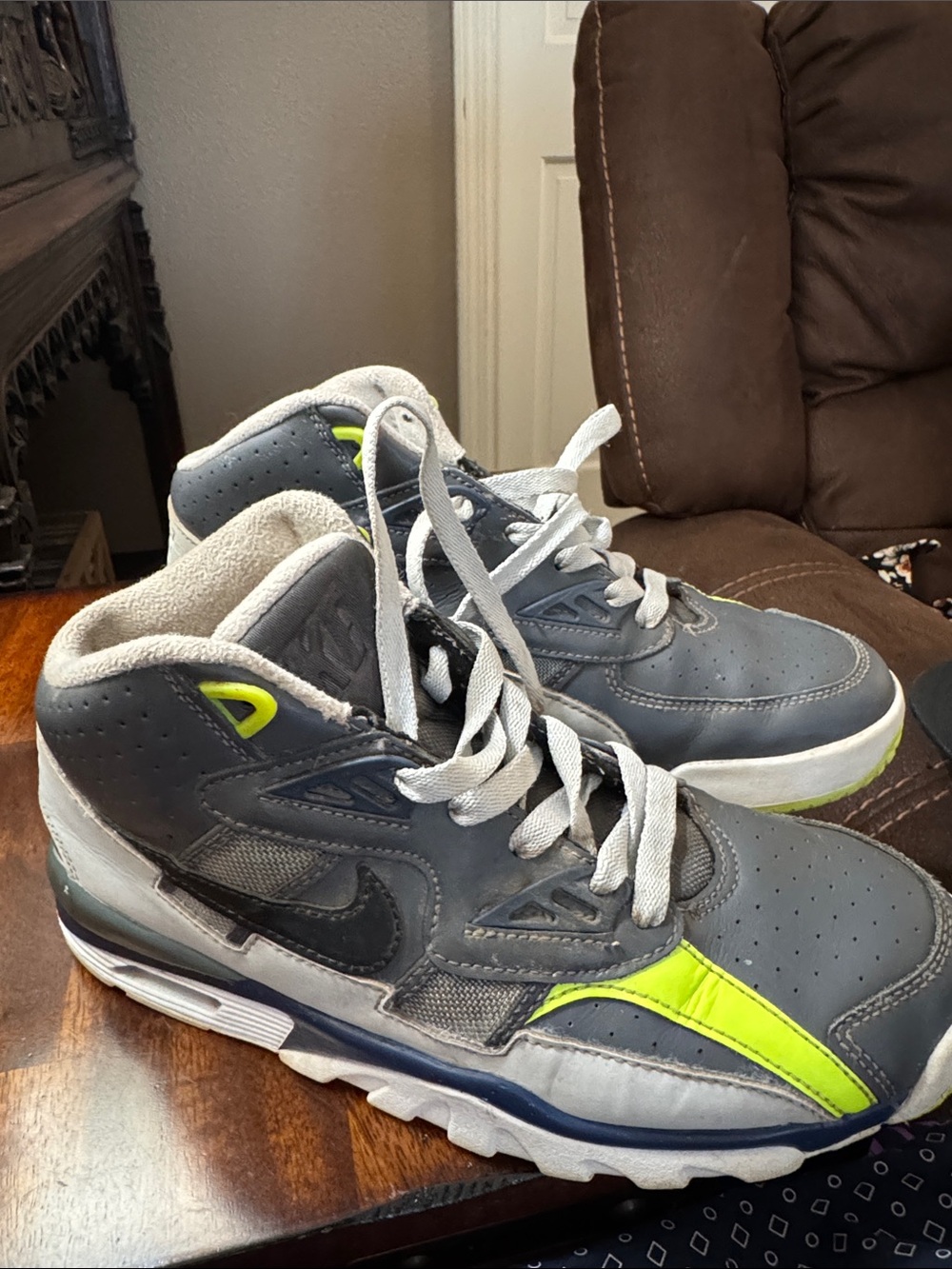 Nike Trainer Kids Gray and Neon Green High-Top Sneakers